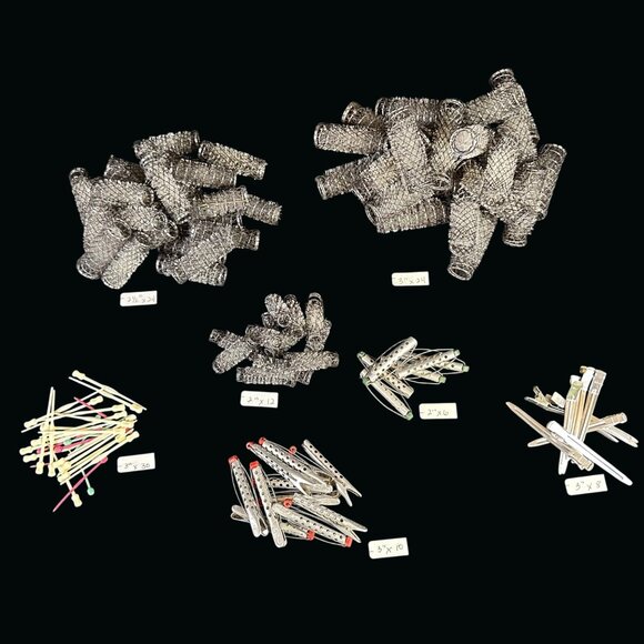 Vintage Lot 60 Wire Brush Mesh Bristle Hair Rollers Curler Metal Clips Perm Rods - Picture 2 of 12